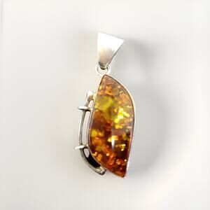 VTG Amber Pendant Baltic Cognac Honey 2”Sterling 925 Hallmark K 5.4 Grams Heavy